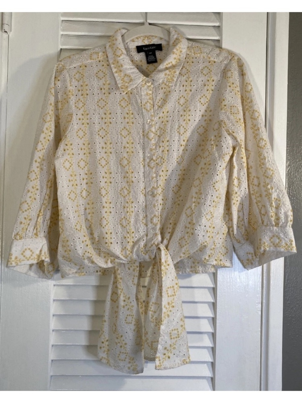 Karen Kane White and Yellow Eyelet Tie-Front Button-Down Shirt